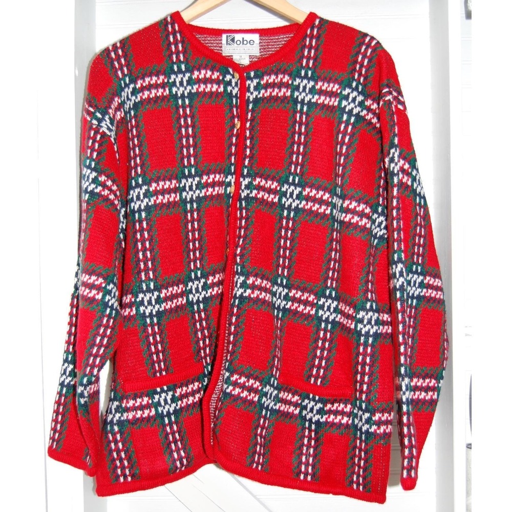 Vintage‎ Cardigan Womens 1XL Red plaid Gold button Sweater Kobe